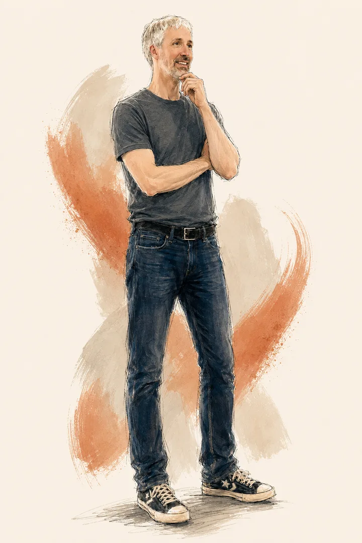 Illustration of Rufus Curnow in a charcoal t-shirt, smiling with hand on chin