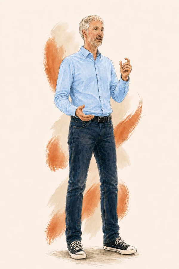 Illustration of Rufus Curnow standing and explaining a point, both hands gesturing, against a warm rust brushstroke