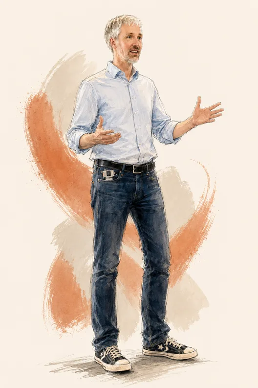 Illustration of Rufus Curnow explaining something with both hands, sleeves rolled, against a warm rust brushstroke