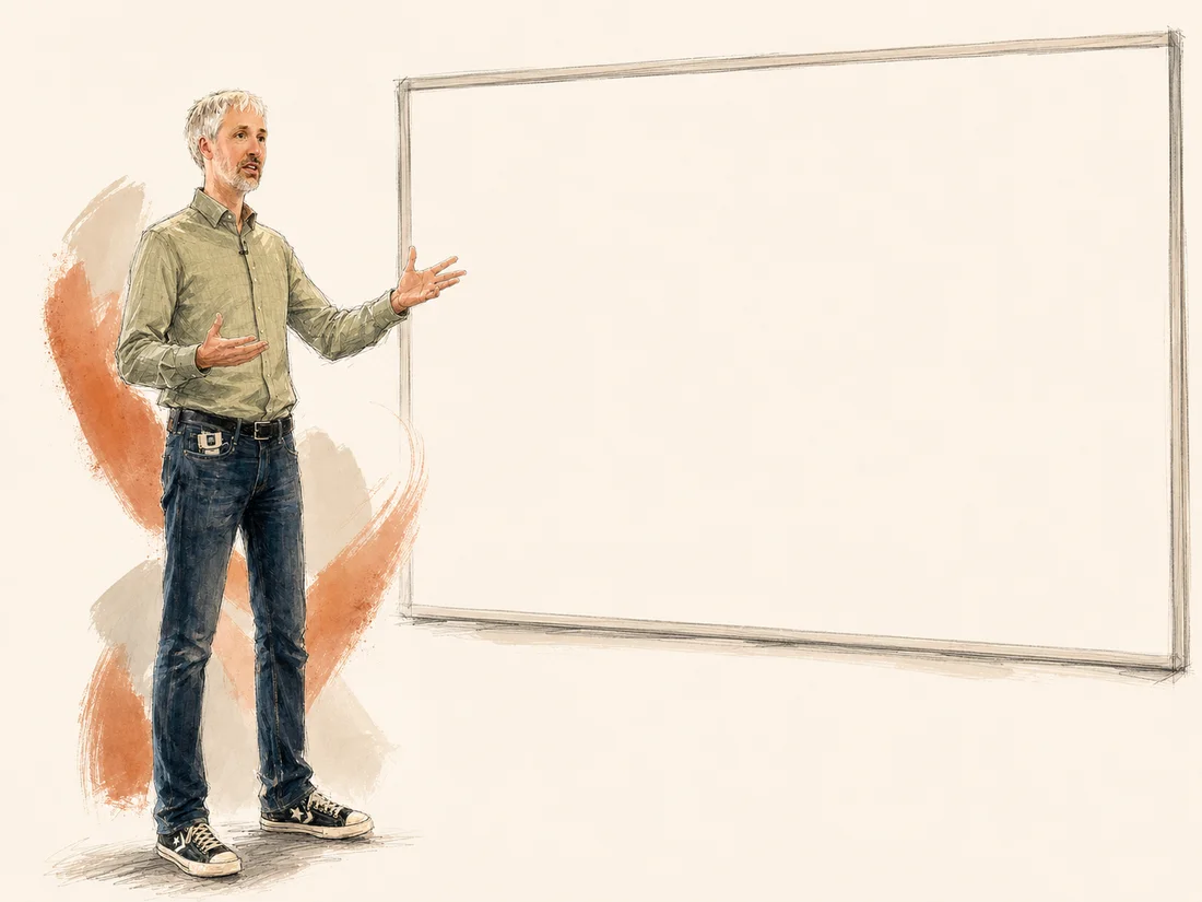 Illustration of Rufus Curnow presenting beside a whiteboard