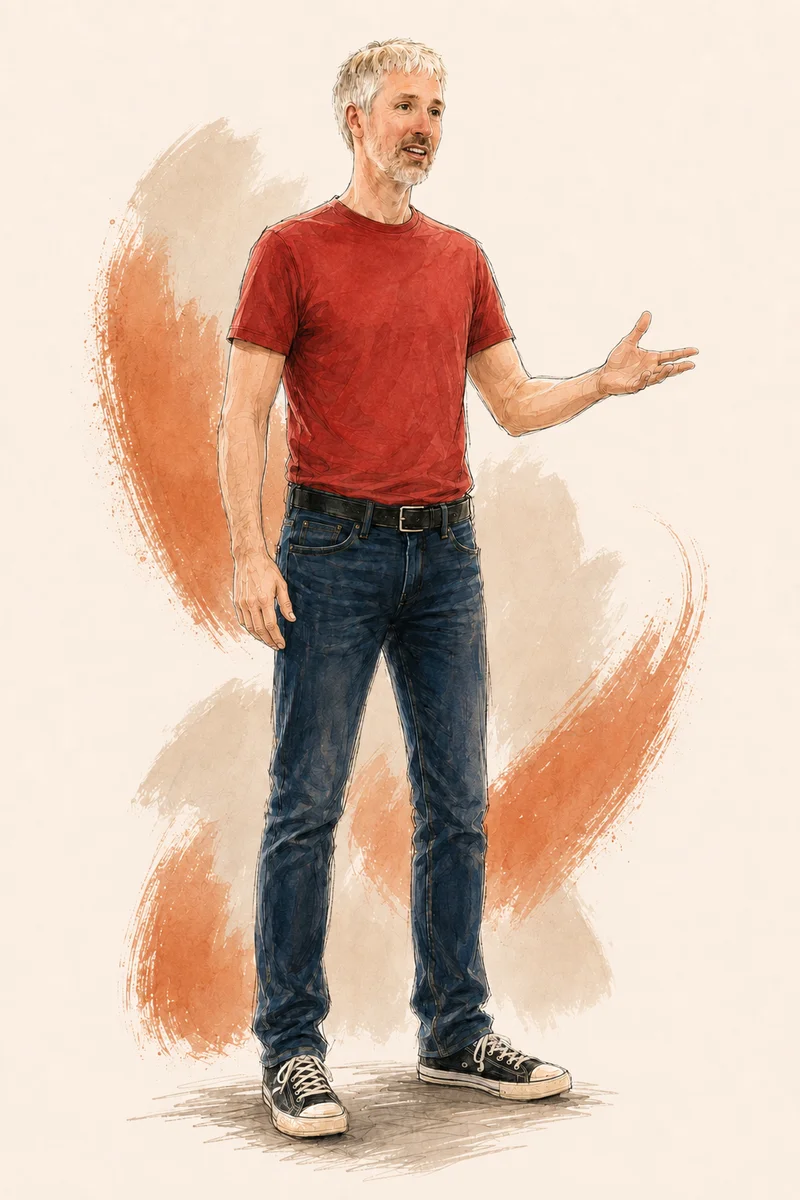 Illustration of Rufus Curnow mid-talk, gesturing to one side