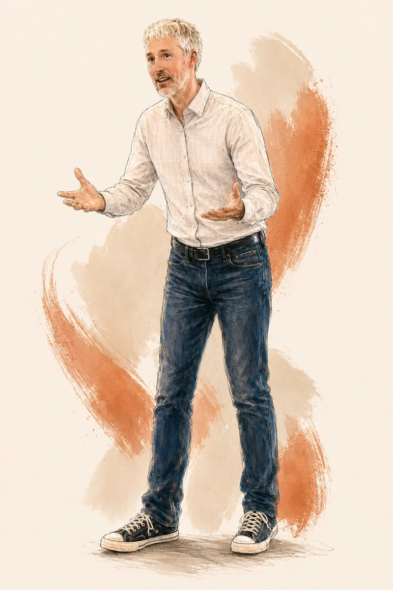 Illustration of Rufus Curnow speaking, hands open mid-explanation