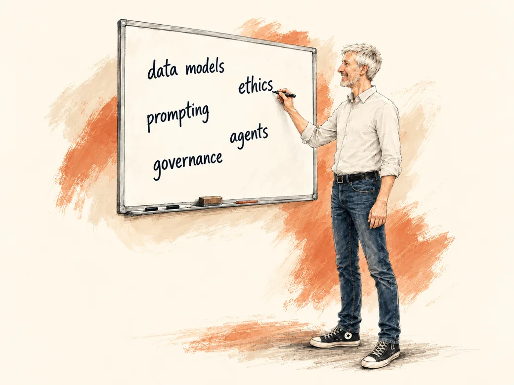 Illustration of Rufus Curnow writing on a whiteboard: data models, ethics, prompting, agents, governance, against rust and terracotta brushstrokes