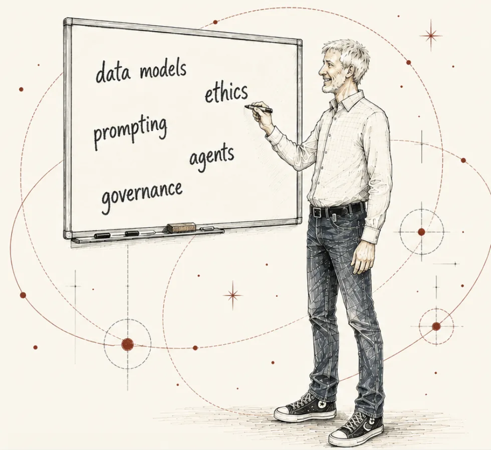 Illustration of Rufus Curnow writing on a whiteboard: data models, ethics, prompting, agents, governance, ringed by sketched rust orbits and stars