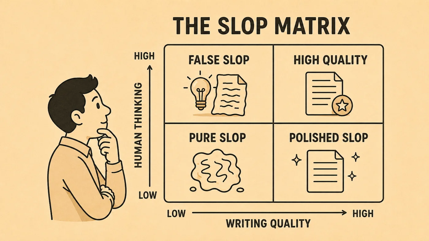 Cartoon of a man with his hand on his chin looking at The Slop Matrix, a two-by-two grid of human thinking against writing quality with the quadrants False slop, High quality, Pure slop and Polished slop