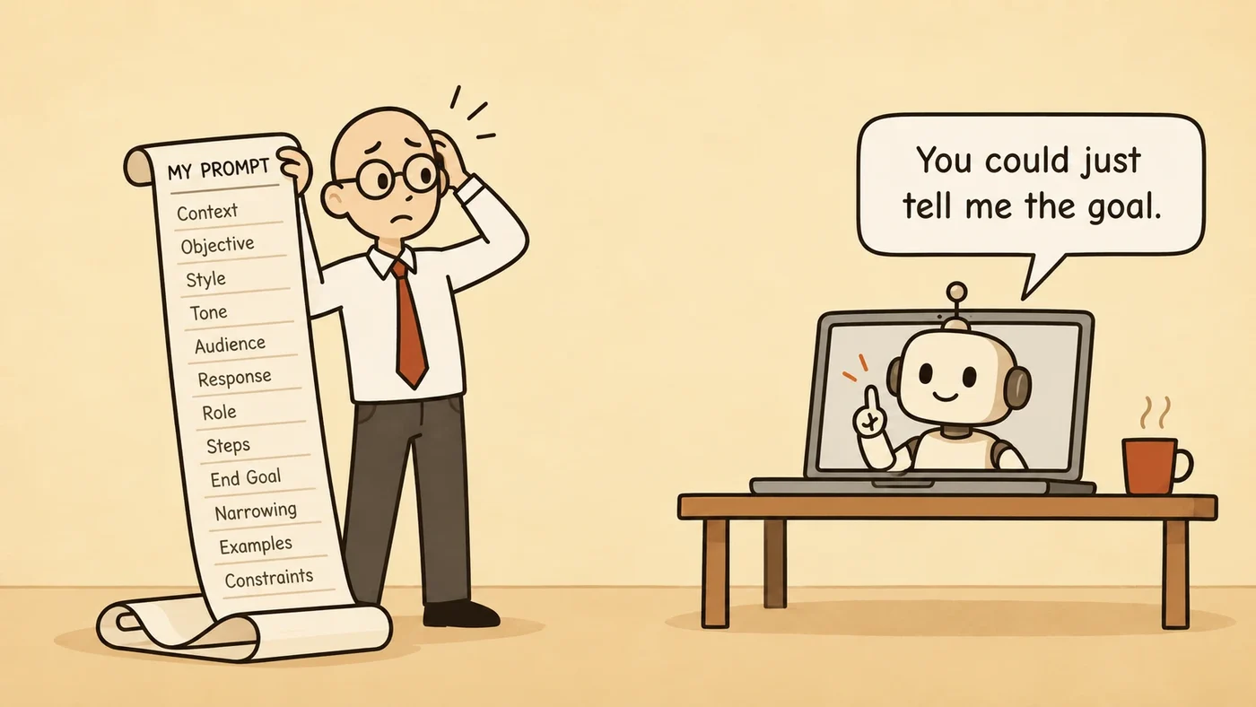 Cartoon of a worried man holding a long prompt scroll listing Context, Objective, Style, Tone, Audience, Response and more, while a robot on a laptop says: You could just tell me the goal.