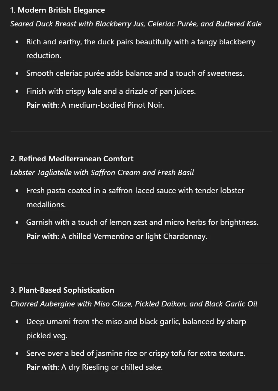 ChatGPT's dinner suggestions when told it is a Michelin star chef: three elaborate courses with detailed descriptions